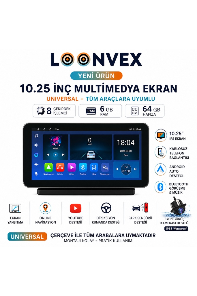 [LX1086] Premium 10.25 İnç Universal Multimedya Ekran 8 Çekirdek 6GB RAM 64GB Hafıza + Geri Görüş Kamerası