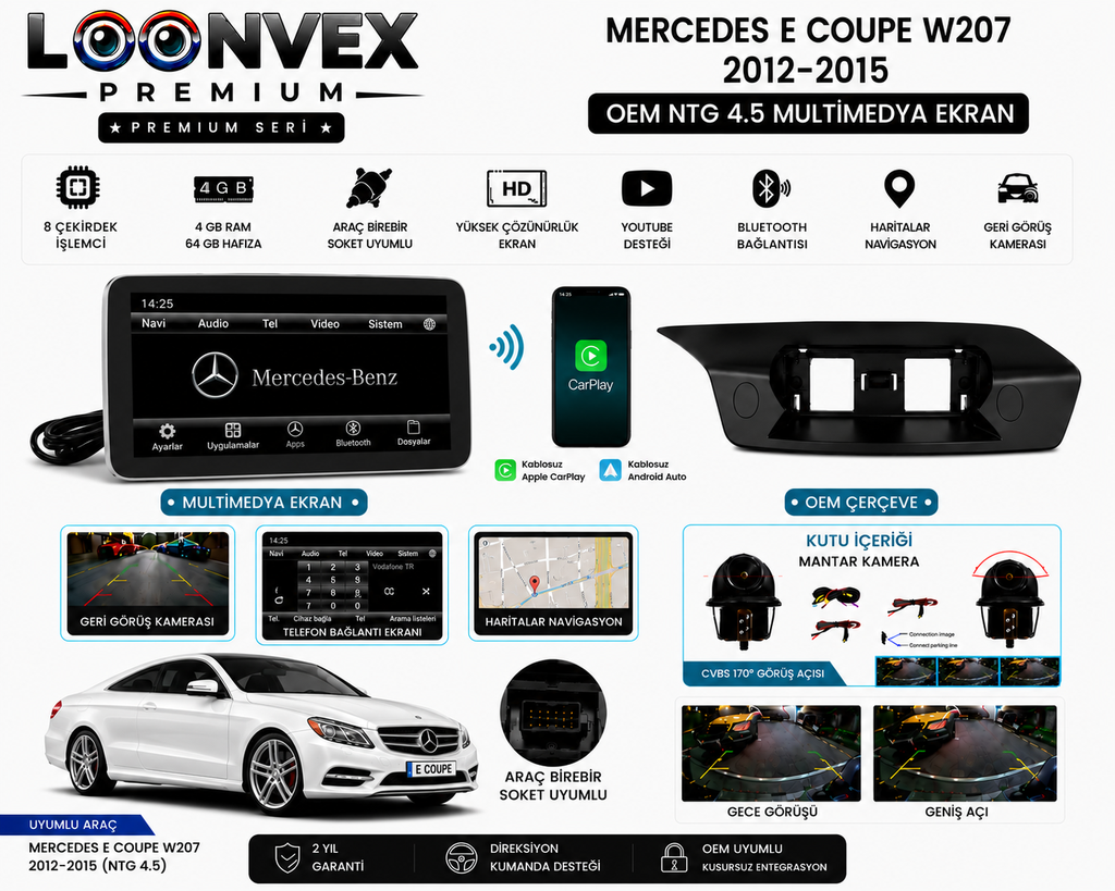 [LNV-MM-0044] Premium Mercedes E Coupe W207 2012-2015 NTG 4.5 Multimedya Ekran 8 Çekirdek 4GB 64GB