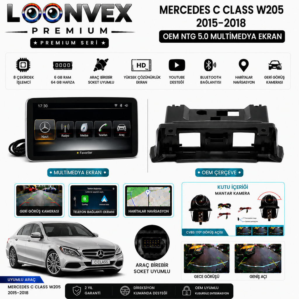PREMIUM Mercedes GLC X253 2015-2018 OEM NTG 5.0 Multimedya Ekran | 8 Çekirdek | 4GB RAM | 64GB Hafıza