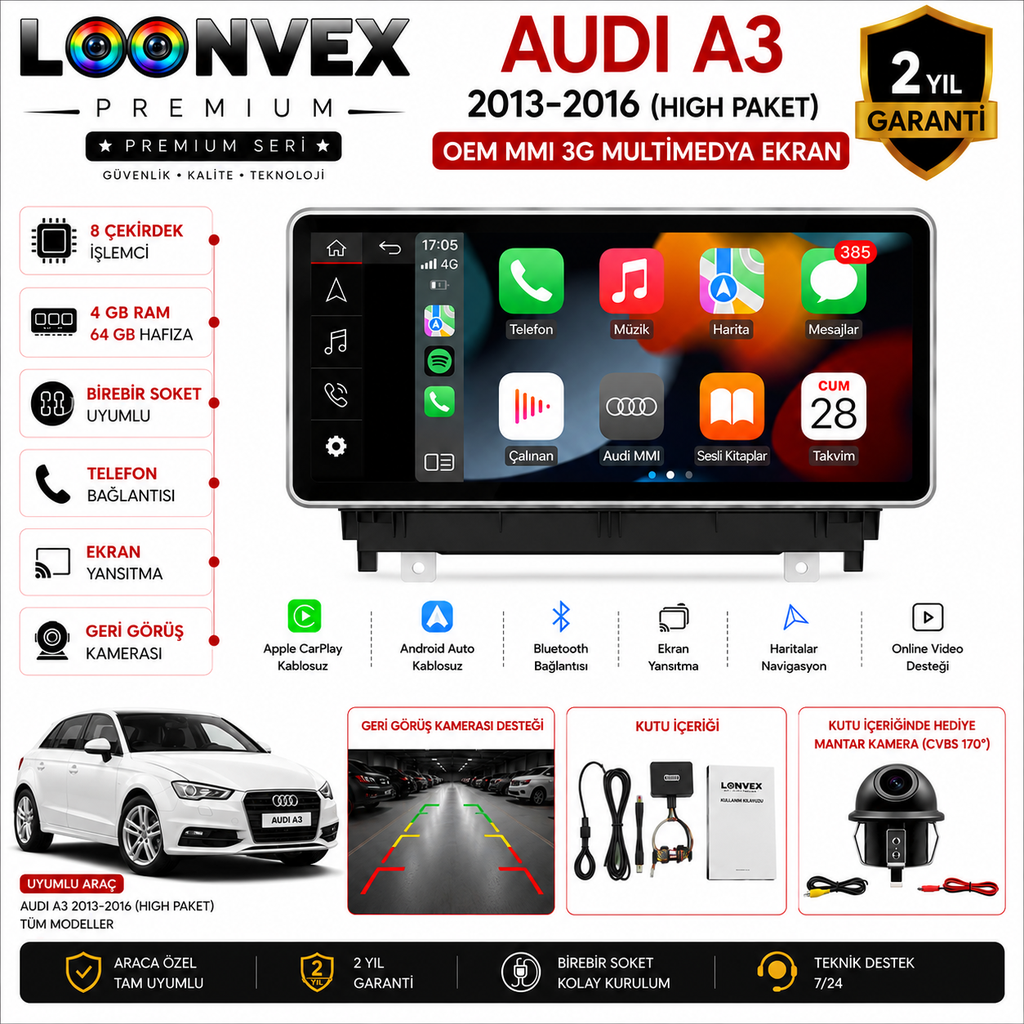 PREMIUM Audi A3 2013-2016 High Paket OEM MMI 3G Multimedya Ekran | 8 Çekirdek | 4GB RAM | 64GB Hafıza