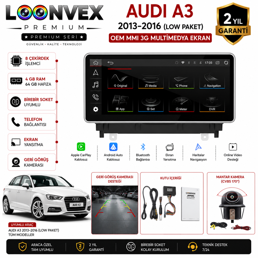 [LNV-MM-0016] PREMIUM Audi A3 2013-2016 Low Paket OEM MMI 3G Multimedya Ekran | 8 Çekirdek | 4GB RAM | 64GB Hafıza