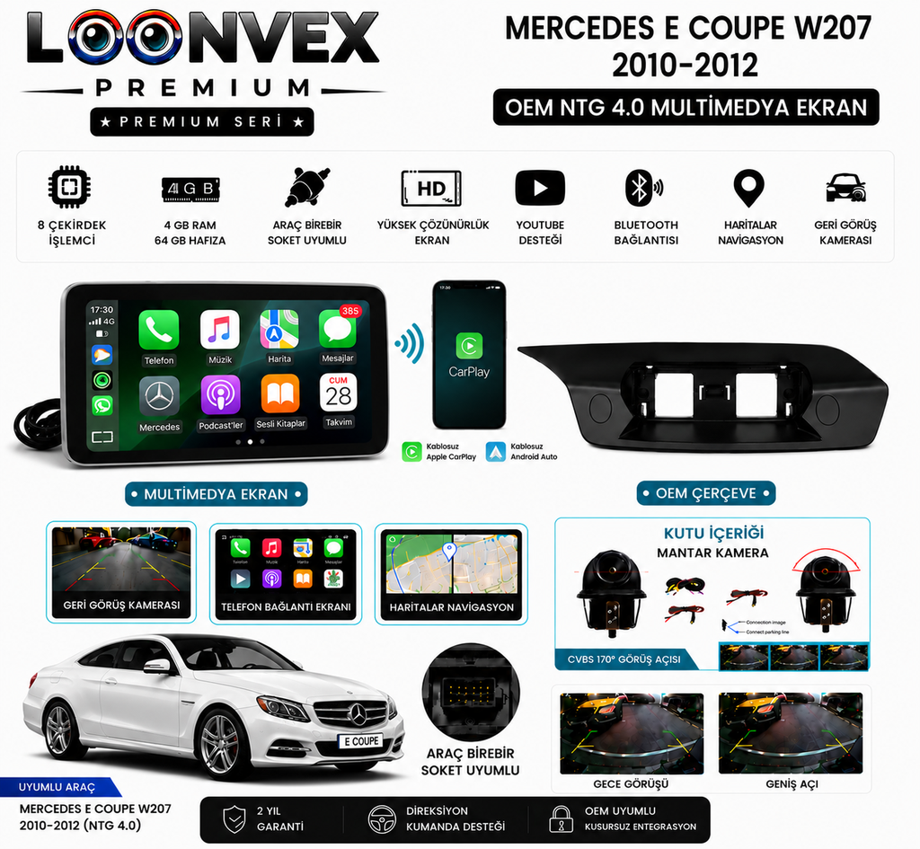 [LNV-MM-0045] PREMIUM Mercedes E Coupe W207 2010-2012 OEM NTG 4.0 Multimedya Ekran | 8 Çekirdek | 4GB RAM | 64GB Hafıza