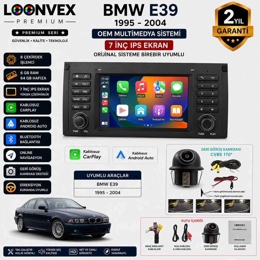[LNV-MM-0055] Premium BMW E39 1995-2004 OEM 7 İnç Multimedya Ekran | 8 Çekirdek | 6GB RAM | 64GB