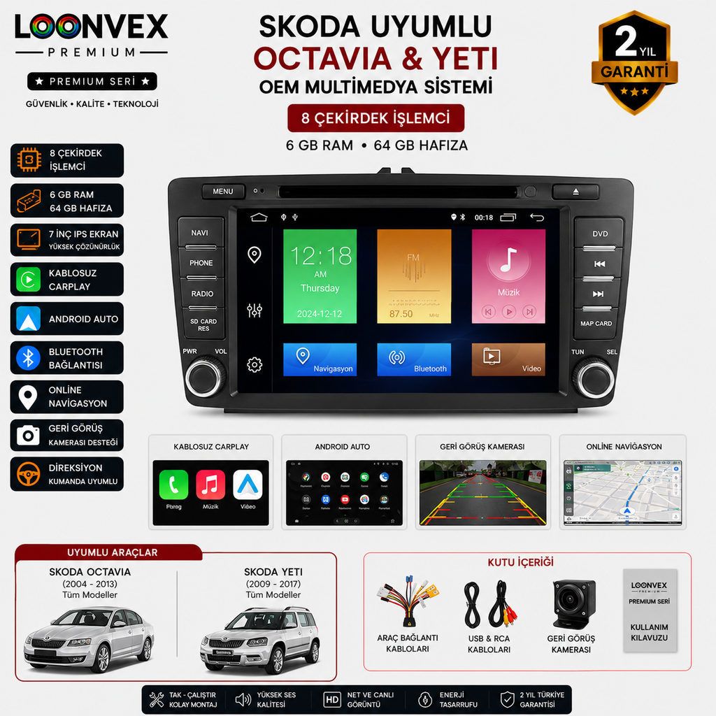 [LNV-MM-0071] Premium Skoda Octavia / Yeti OEM 7 İnç Multimedya Ekran | 8 Çekirdek | 6GB RAM | 64GB
