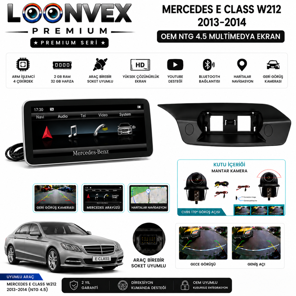 PREMIUM Mercedes E Class W212 2013-2014 NTG 4.5 OEM Multimedya Ekran 8 Çekirdek 4GB RAM 64GB HD Geri Görüş Kameralı