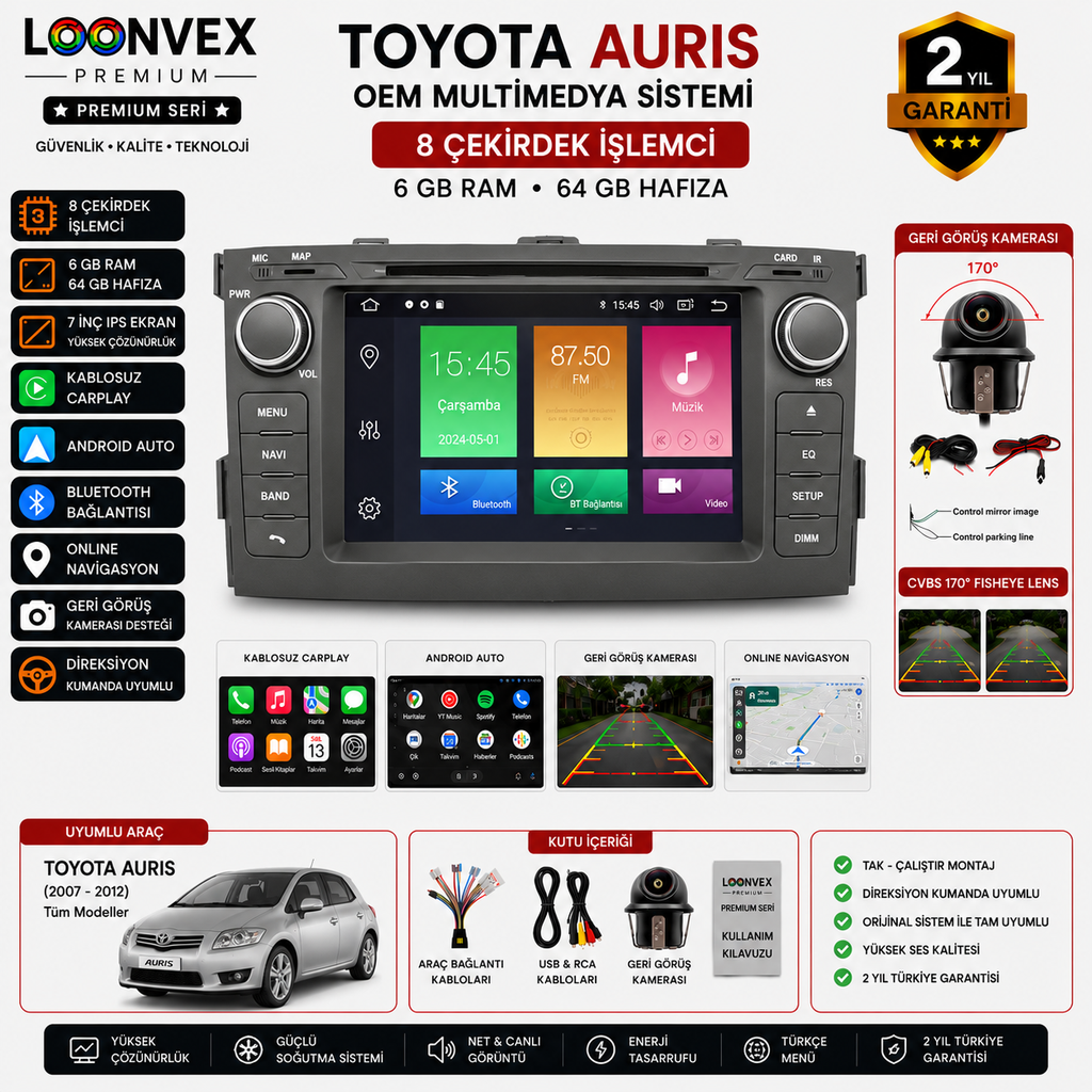 [LNV-MM-0072] Premium Toyota Auris OEM 7 İnç Multimedya Ekran | 8 Çekirdek | 6GB RAM | 64GB | Geri Görüş Kameralı
