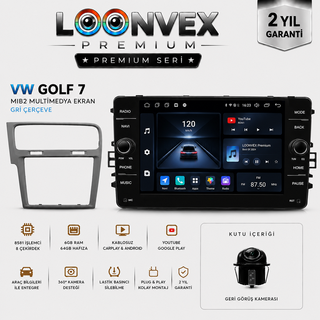 [LNV-MM-0074] Premium Volkswagen Golf 7 MIB2 8 Çekirdek 6GB RAM 64GB Multimedya Ekran – Gri Çerçeve