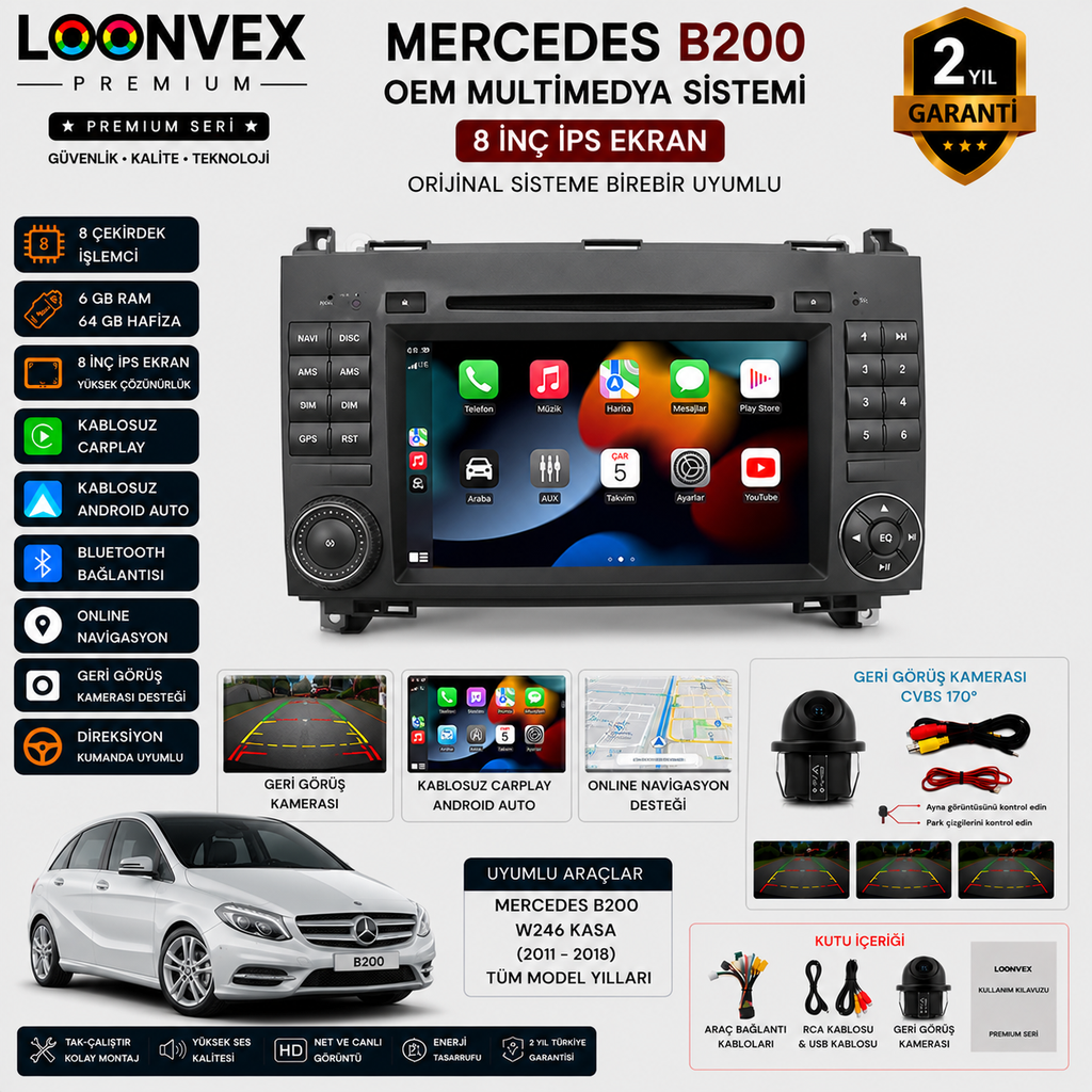 Premium Mercedes B200 OEM Multimedya Ekran | 8 Çekirdek | 6GB RAM | 64GB
