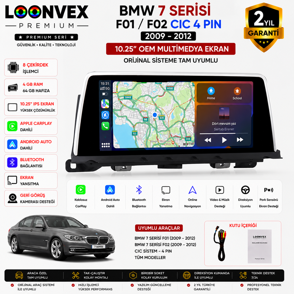 Premium BMW 7 Serisi F01/F02 CIC 4 Pin 2009-2012 OEM Multimedya Ekran | 10.25 İnç | 4GB RAM | 64GB