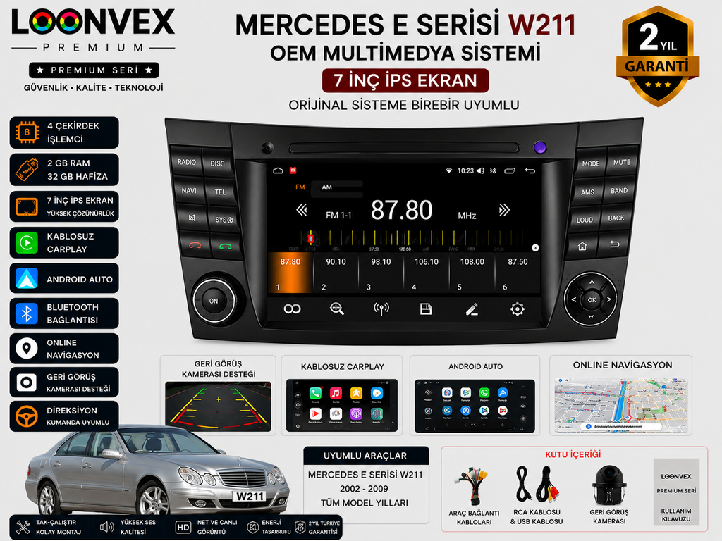 [LNV-MM-0067] OONVEX Premium Mercedes-Benz E Serisi W211 OEM 7 İnç Multimedya Ekran | Android | Bluetooth | Geri Görüş Kameralı