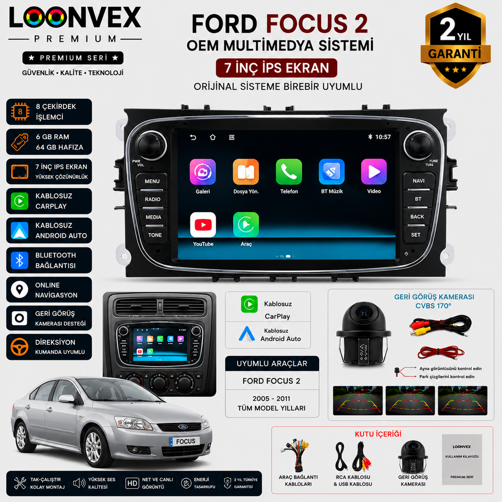 [LNV-MM-0064] Premium Ford Focus 2 Siyah OEM 7 İnç Multimedya Ekran | 8 Çekirdek | 6GB RAM | 64GB