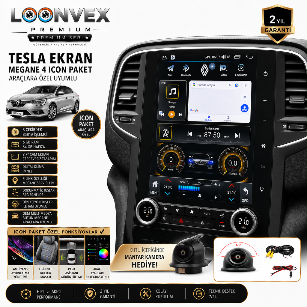 [LXIC6] Premium Renault Megane 4 Icon Paket Tesla Ekran 9.7 İnç – 8 Çekirdek 6GB RAM 64GB