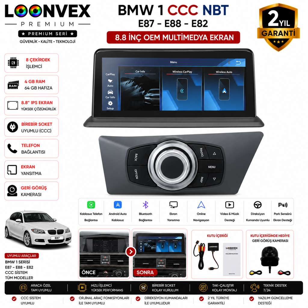 [LNV-MM-0023] PREMIUM BMW 1 Serisi E87 / E88 / E82 CCC OEM Multimedya Ekran | 8.8 İnç | 8 Çekirdek | 4GB RAM | 64GB Hafıza