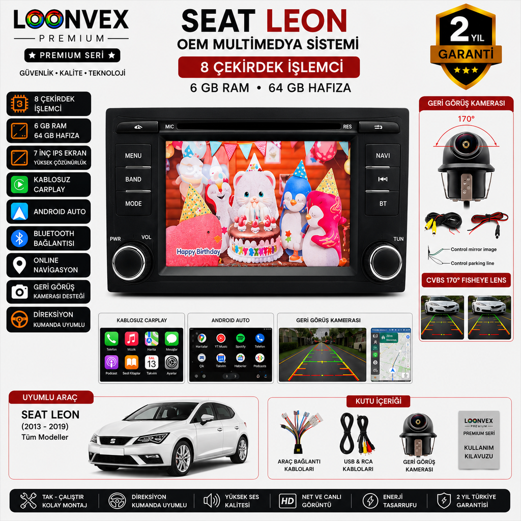 [LNV-MM-0070] Premium SEAT Leon OEM 7 İnç Multimedya Ekran | 8 Çekirdek | 6GB RAM | 64GB | Geri Görüş Kameralı