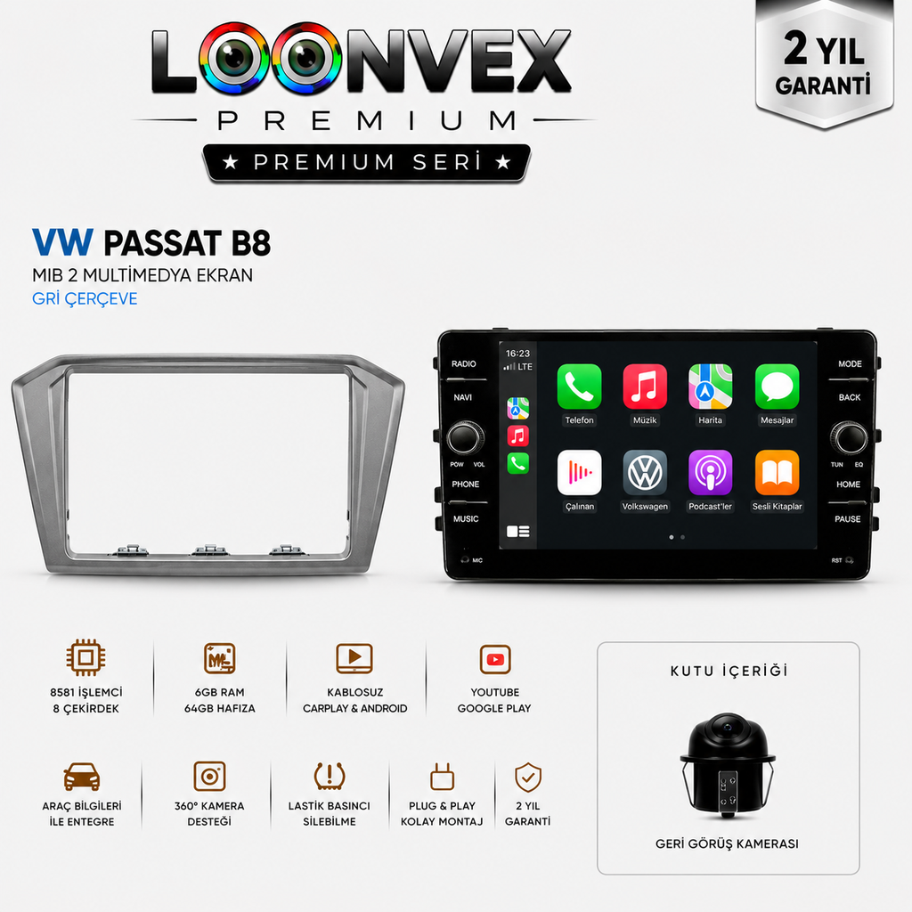 [LNV-MM-0076] Premium Volkswagen Passat B8 MIB2 8 Çekirdek 6GB RAM 64GB Multimedya Ekran – Gri Çerçeve