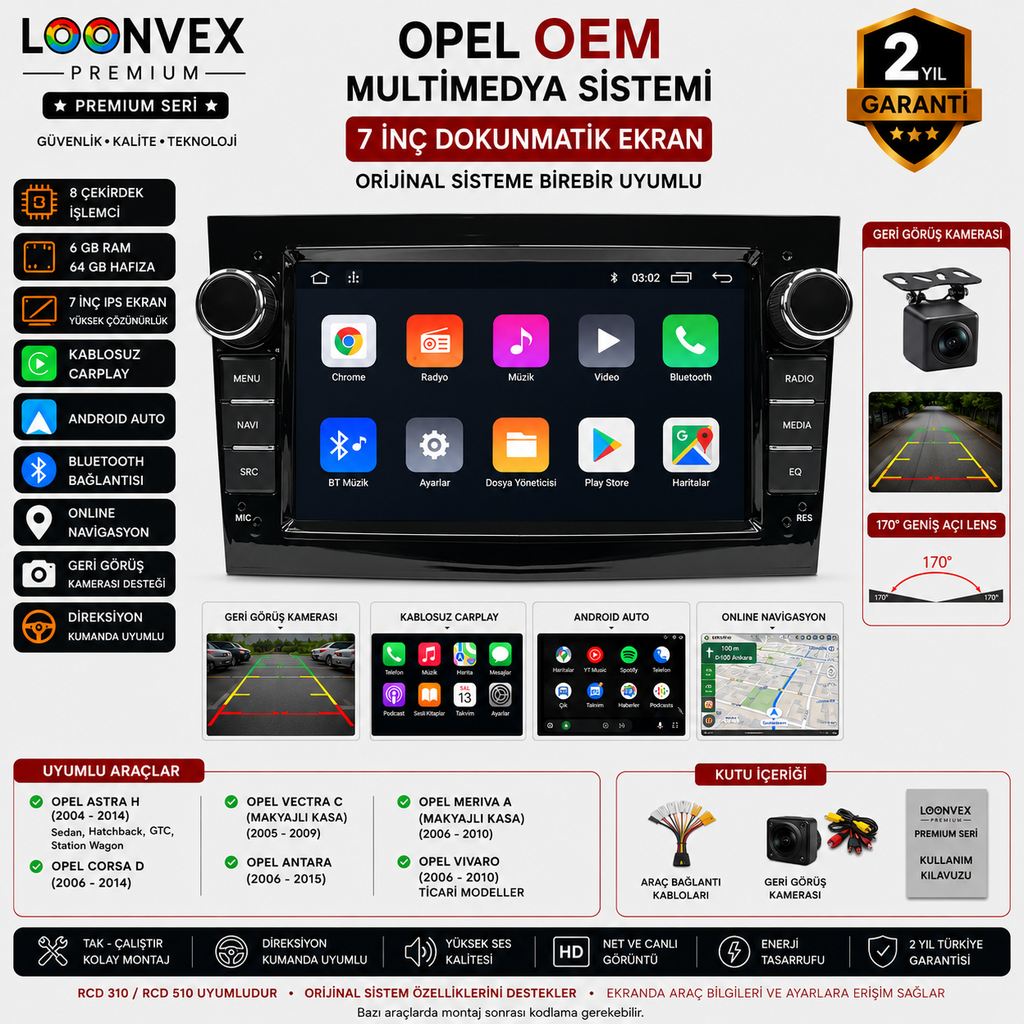 Premium Opel OEM Piano Black 7 İnç Multimedya Ekran | Astra H | Corsa D | Zafira B | Vectra C | Antara | Meriva A | Vivaro