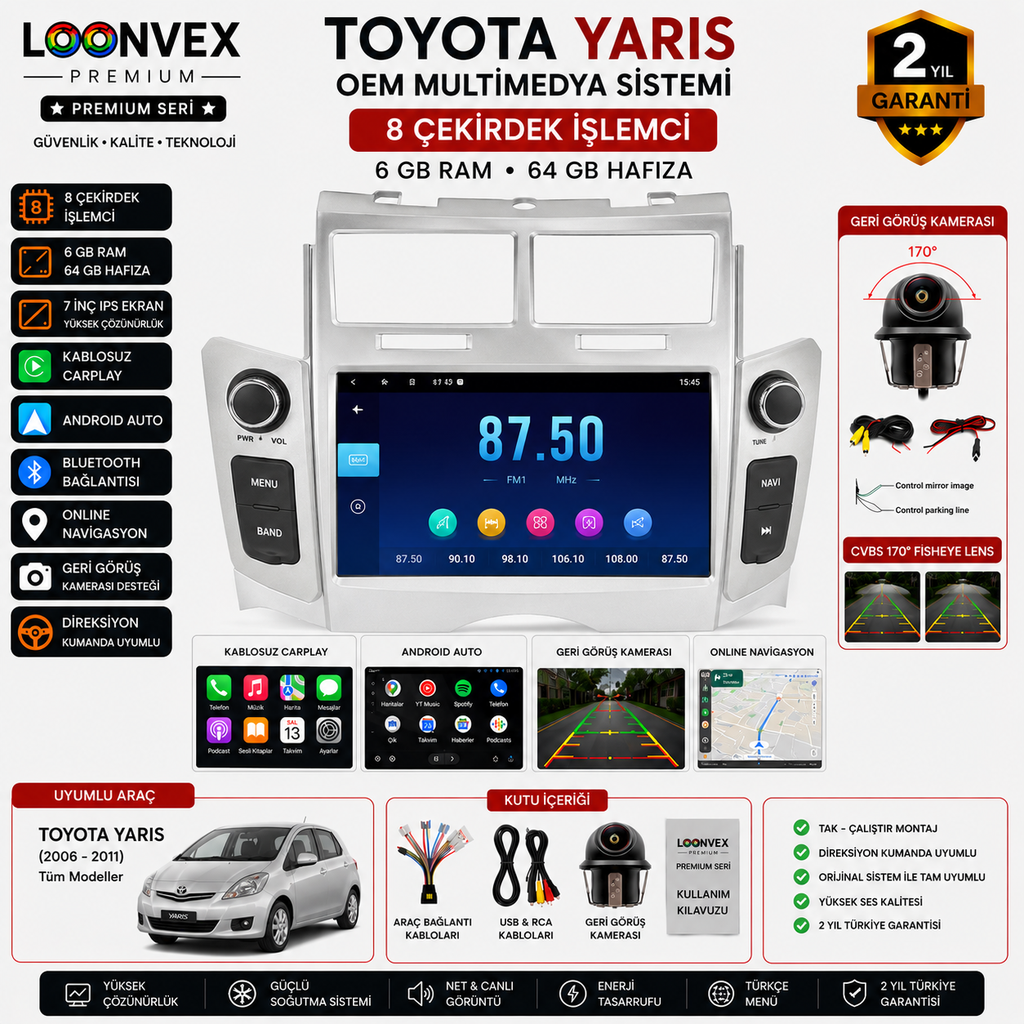 Premium Toyota Yaris OEM 7 İnç Multimedya Ekran | 8 Çekirdek | 6GB RAM | 64GB | Geri Görüş Kameralı