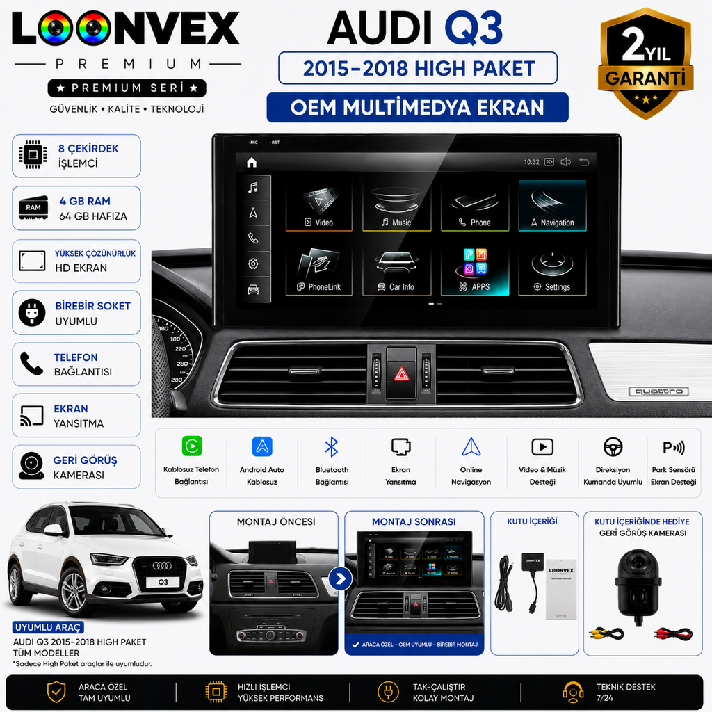 [LNV-MM-0020] PREMIUM Audi Q3 2015-2018 (High Paket) OEM Multimedya Ekran | 8 Çekirdek | 4GB RAM | 64GB Hafıza