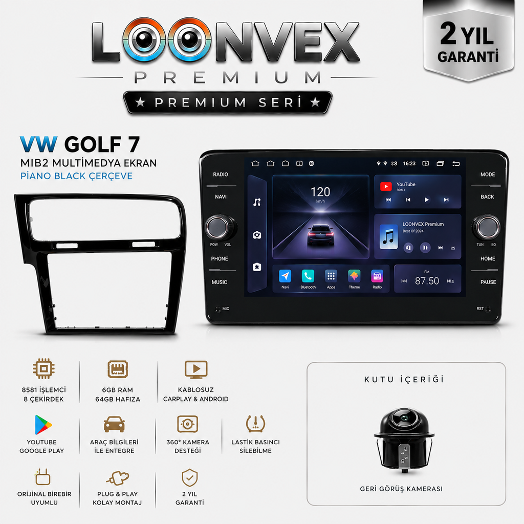 [LNV-MM-0075] Premium Volkswagen Golf 7 MIB2 8 Çekirdek 6GB RAM 64GB Multimedya Ekran – Piano Black Çerçeve