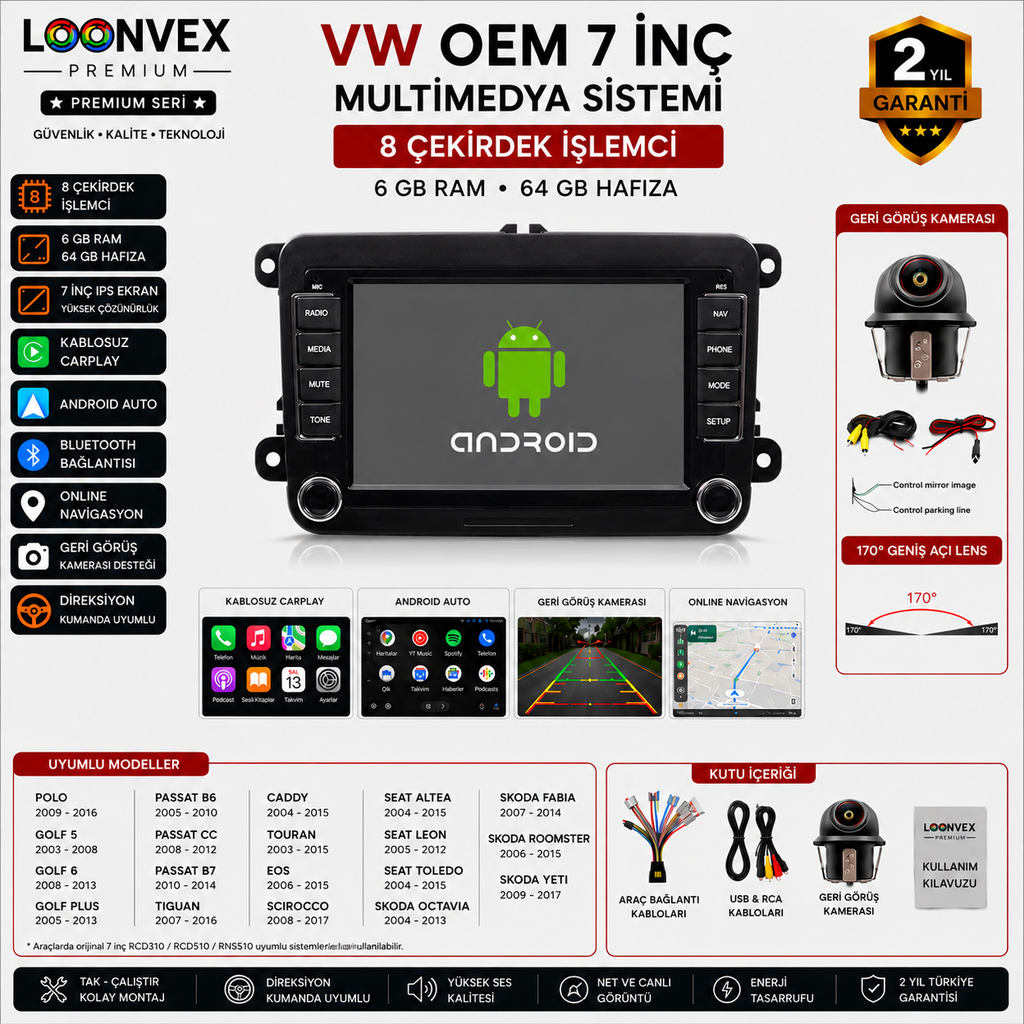 [LNV-MM-0078] Premium VW OEM 7 İnç Multimedya Ekran | 8 Çekirdek | 6GB RAM | 64GB | RCD310 / RCD510 Uyumlu