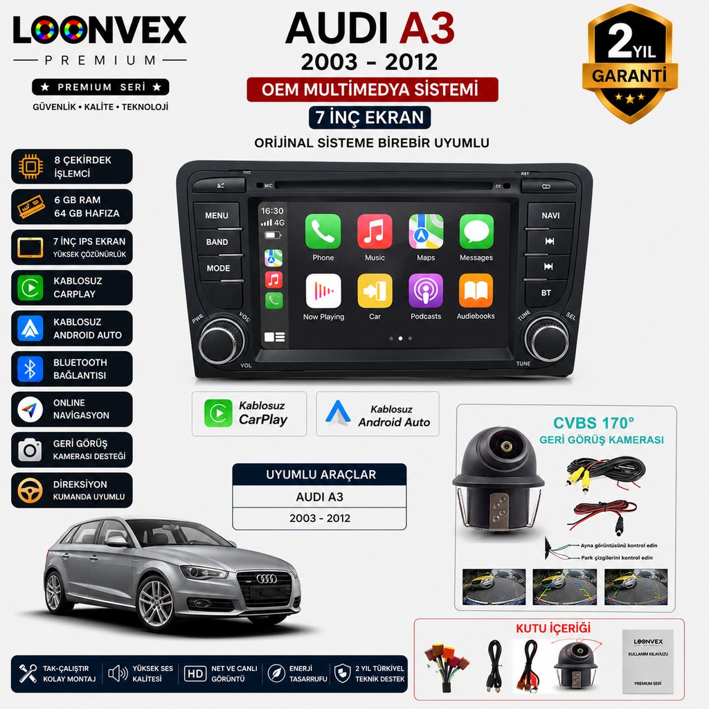 [LNV-MM-0057] Premium Audi A3 2003-2012 OEM 7 İnç Multimedya Ekran | 8 Çekirdek | 6GB RAM | 64GB