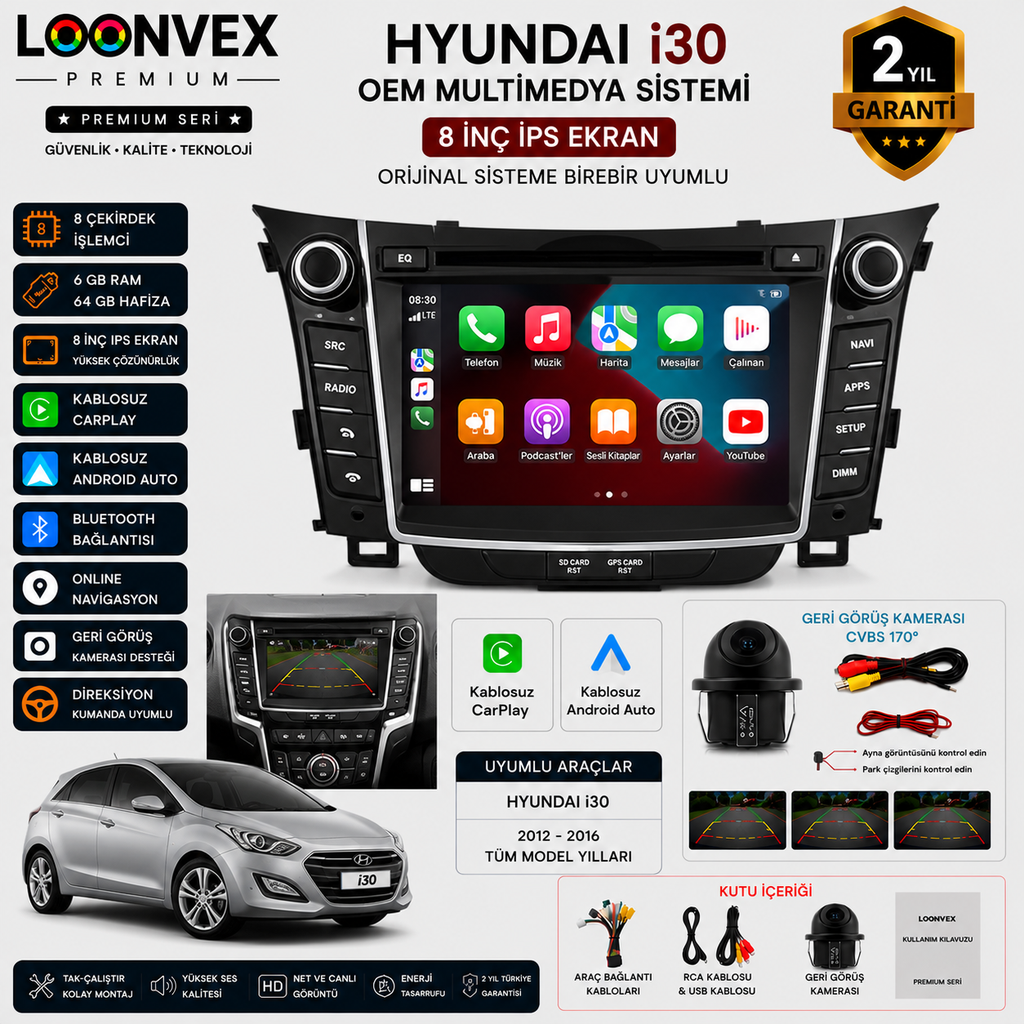 [LNV-MM-0058] Premium Hyundai i30 2012-2016 OEM 8 İnç Multimedya Ekran | 8 Çekirdek | 6GB RAM | 64GB