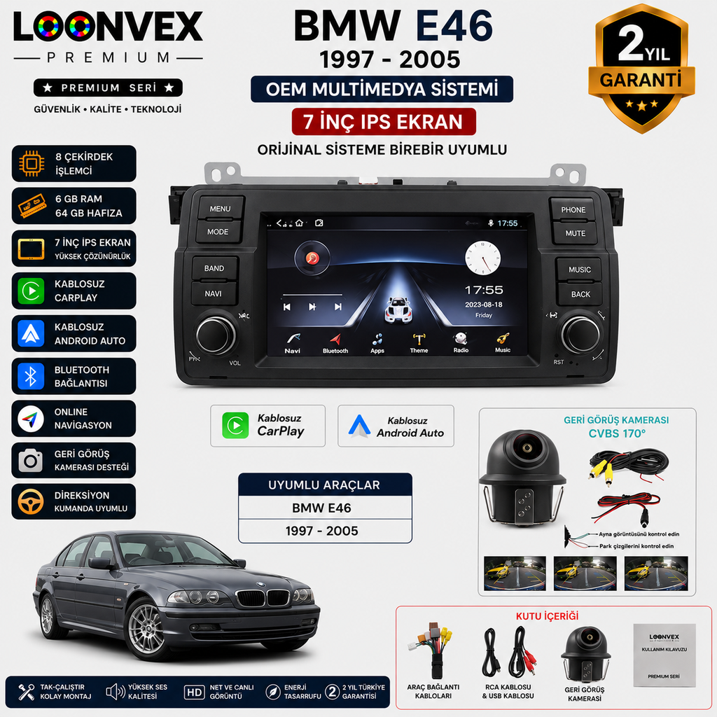 [LNV-MM-0056] Premium BMW E46 1997-2005 OEM 7 İnç Multimedya Ekran | 8 Çekirdek | 6GB RAM | 64GB