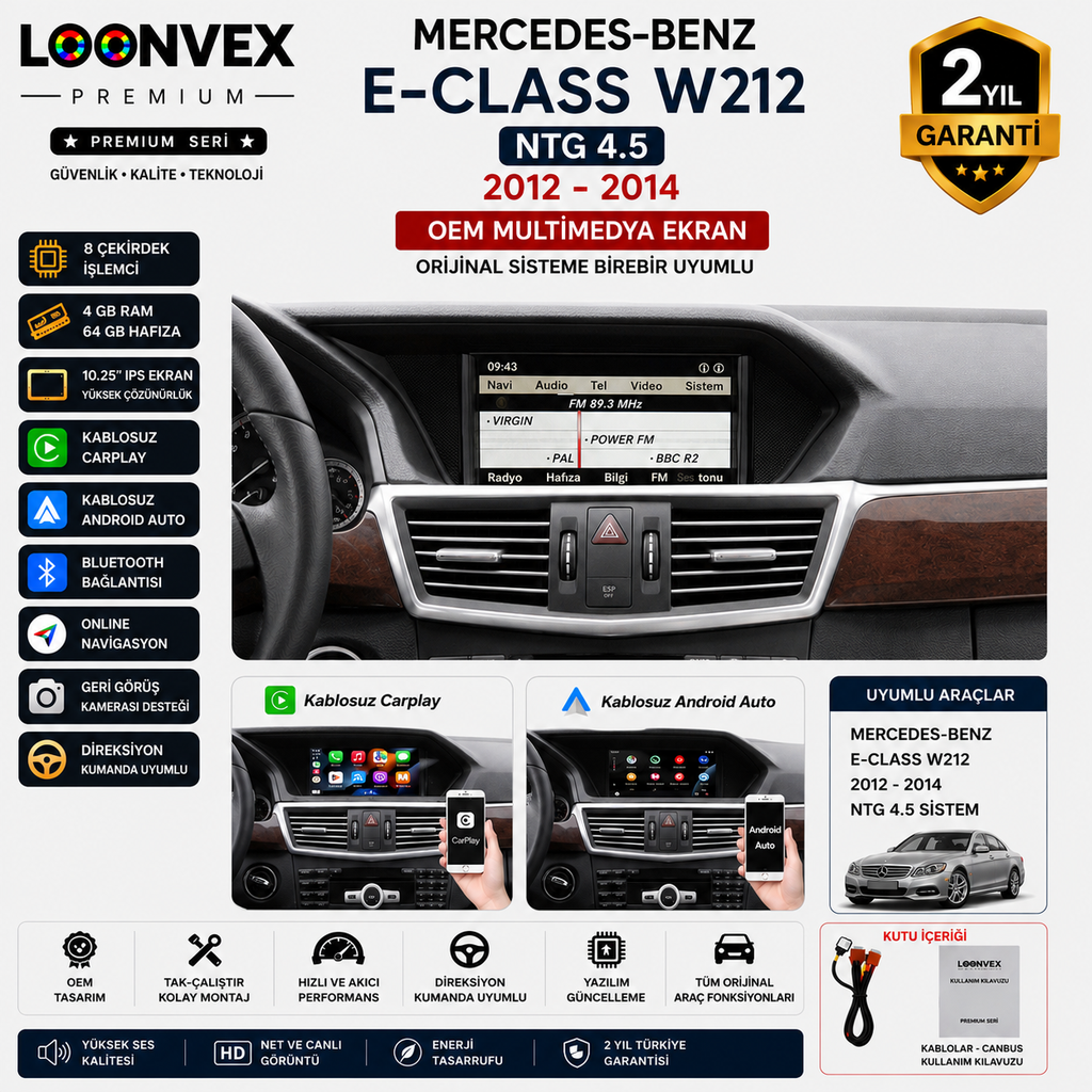 [LNV-MM-0041] Premium Mercedes-Benz E-Class W212 NTG 4.5 2012-2014 OEM Multimedya Ekran | 10.25 İnç | 4GB RAM | 64GB
