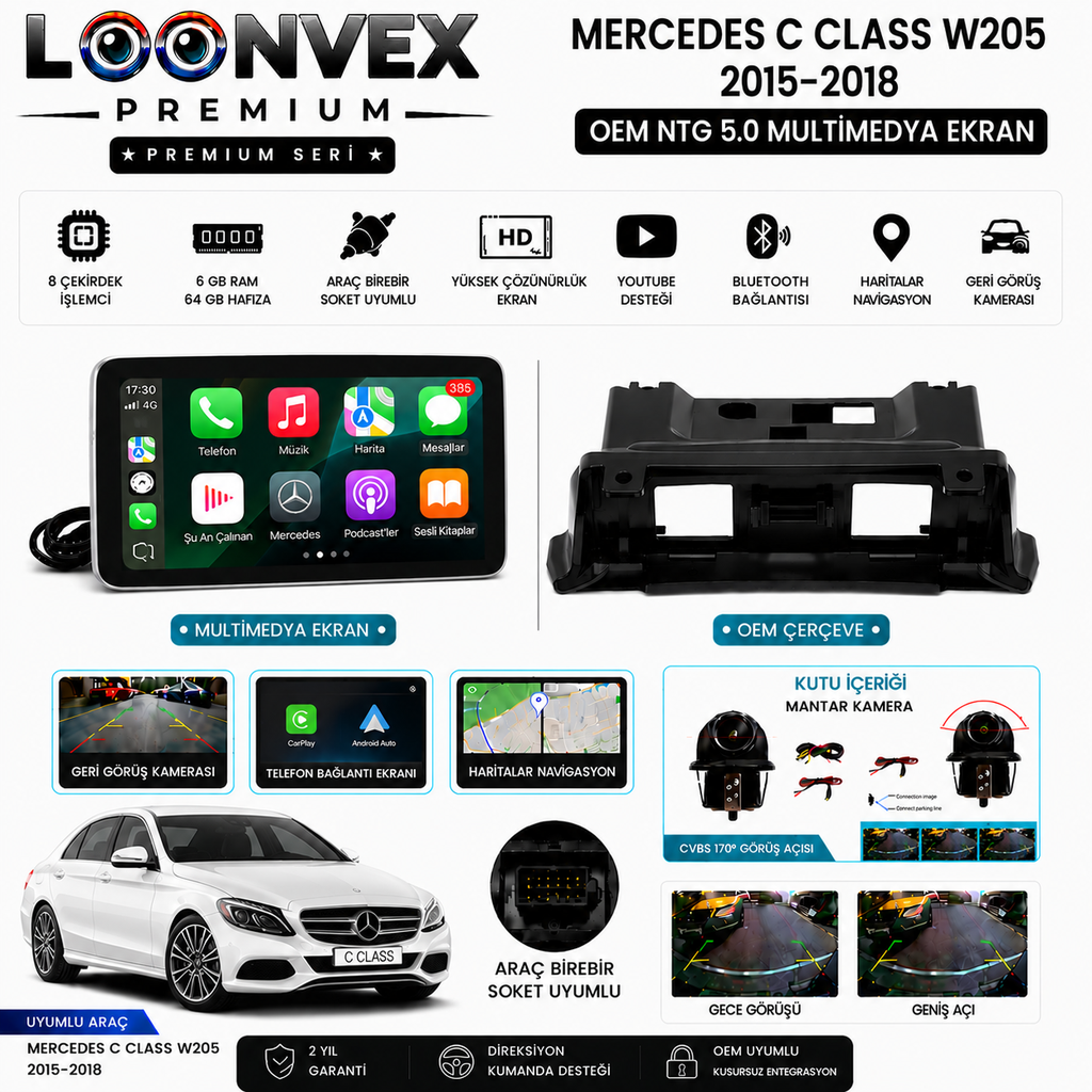 [LNV-MM-0047] PREMIUM Mercedes C-Class W204 2011-2014 OEM NTG 4.5 Multimedya Ekran | 8 Çekirdek | 4GB RAM | 64GB Hafıza