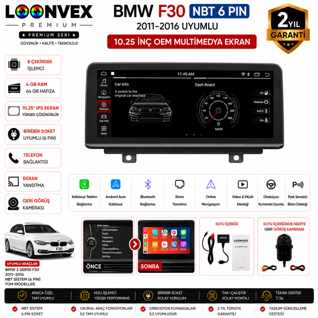 [LNV-MM-0031] PREMIUM BMW F30 NBT 6 Pin 2011-2016 OEM Multimedya Ekran | 10.25 İnç | 8 Çekirdek | 4GB RAM | 64GB Hafıza