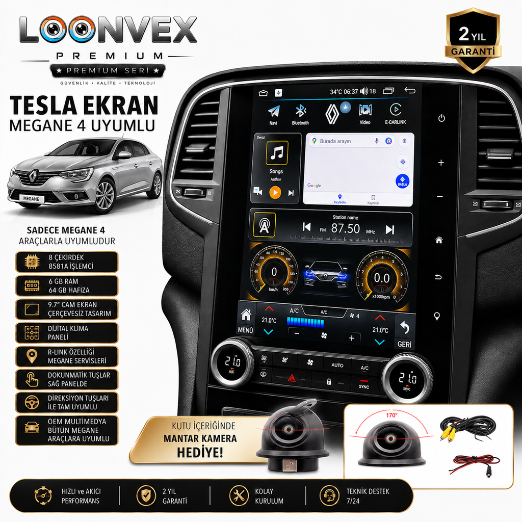 [LXMN6] Premium Renault Megane 4 Tesla Ekran 9.7 İnç – 8 Çekirdek 6GB RAM 64GB