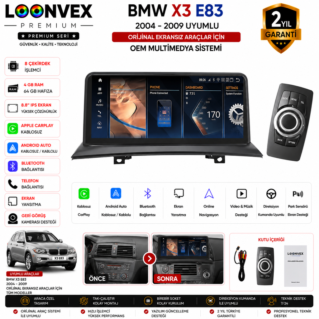 [LNV-MM-0021] PREMIUM BMW X3 E83 2004-2009 OEM Multimedya Ekran | 8.8 İnç | 8 Çekirdek | 4GB RAM | 64GB Hafıza