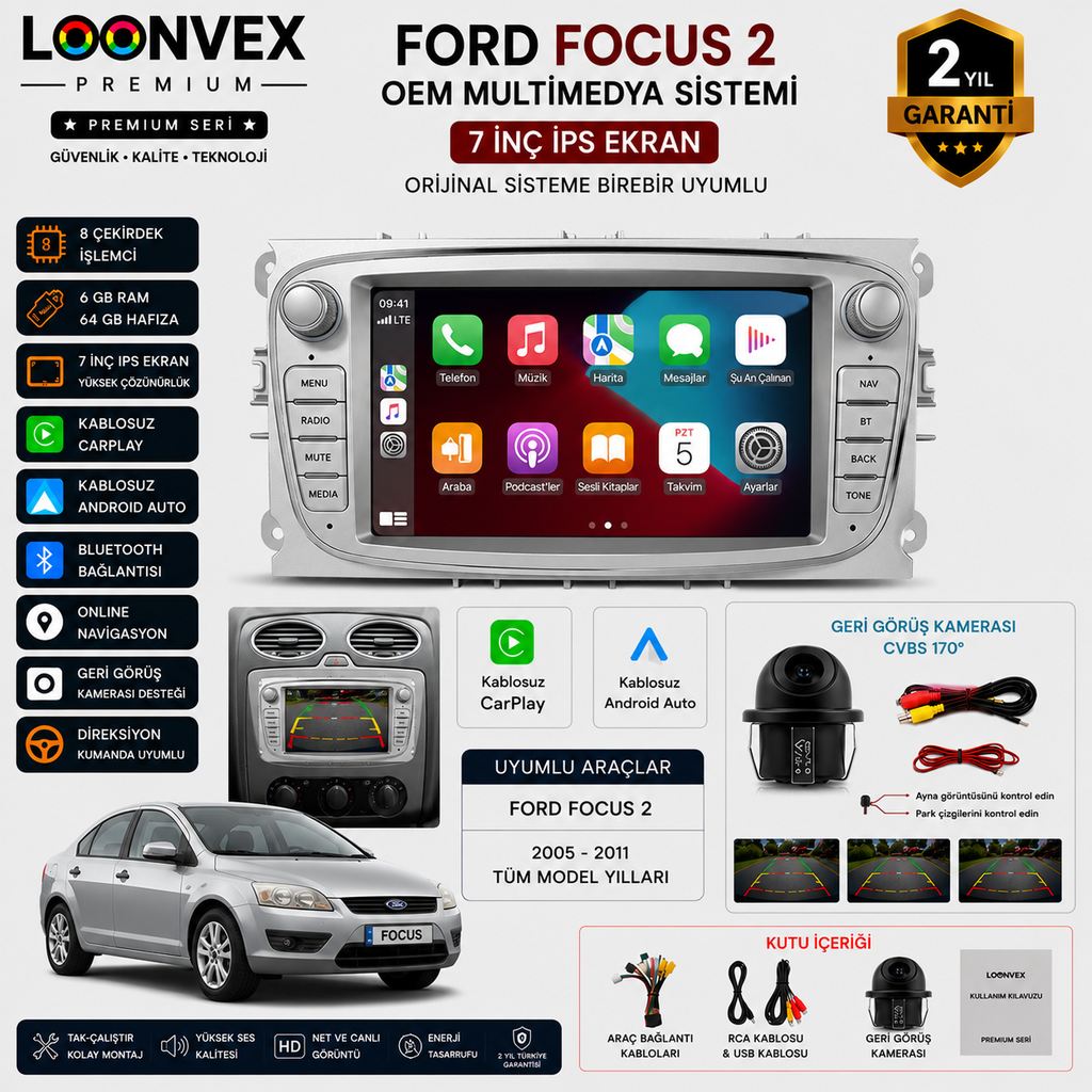 [LNV-MM-0063] Premium Ford Focus 2 OEM 7 İnç Multimedya Ekran | 8 Çekirdek | 6GB RAM | 64GB