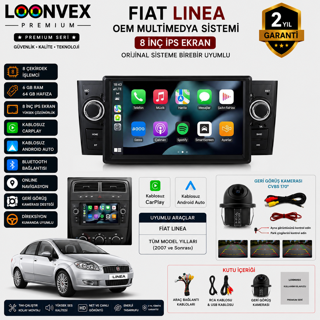 [LNV-MM-0062] Premium Fiat Linea OEM 8 İnç Multimedya Ekran | 8 Çekirdek | 6GB RAM | 64GB