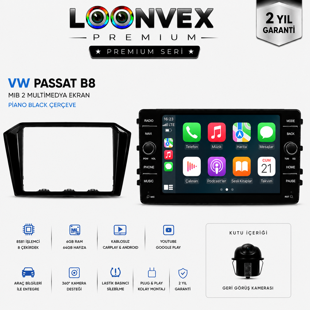 [LNV-MM-0077] Premium Volkswagen Passat B8 MIB2 8 Çekirdek 6GB RAM 64GB Multimedya Ekran – Piano Black Çerçeve