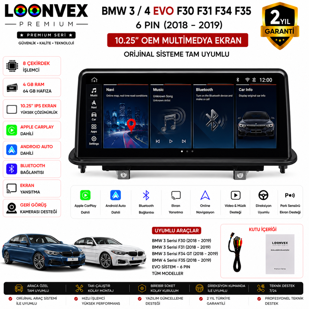[LNV-MM-0036] Premium BMW 3 Serisi F30/F31/F34/F35 EVO 6 Pin 2018-2019 OEM Multimedya Ekran | 10.25 İnç | 4GB RAM | 64GB