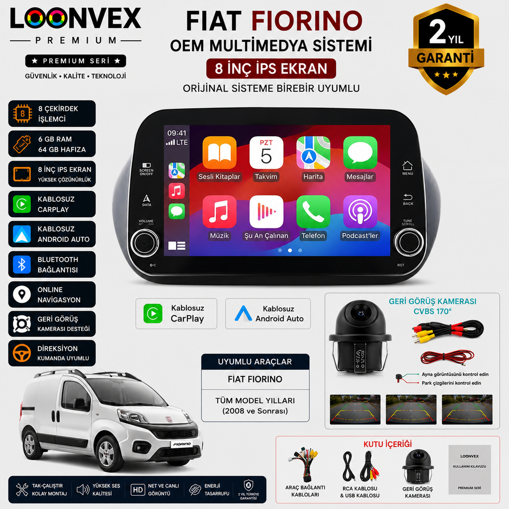 [LNV-MM-0061] Premium Fiat Fiorino OEM 8 İnç Multimedya Ekran | 8 Çekirdek | 6GB RAM | 64GB | Geri Görüş Kameralı