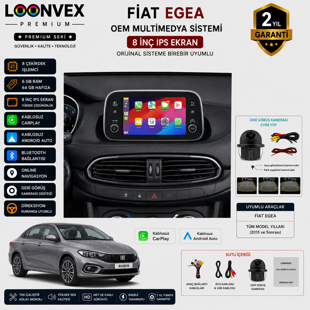 [LNV-MM-0059] Premium Fiat Egea OEM 8 İnç Multimedya Ekran | 8 Çekirdek | 6GB RAM | 64GB | Geri Görüş Kameralı