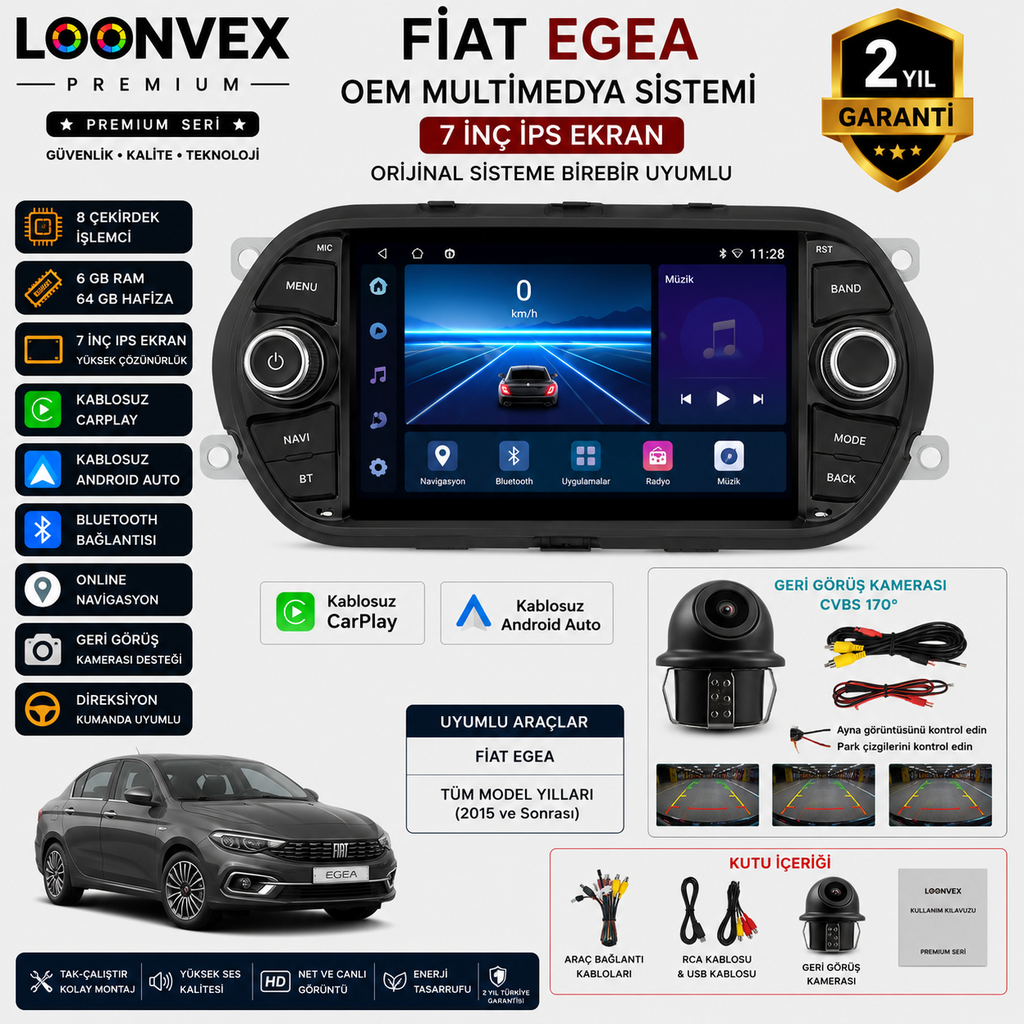 [LNV-MM-0060] Premium Fiat Egea OEM 7 İnç Multimedya Ekran | 8 Çekirdek | 6GB RAM | 64GB | Geri Görüş Kameralı