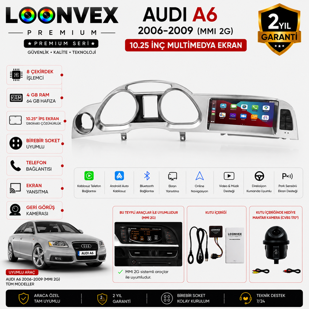 [LNV-MM-0002] PREMIUM Audi A6 2006-2009 MMI 2G OEM Multimedya Ekran | 10.25 İnç | 8 Çekirdek | 4GB RAM | 64GB Hafıza