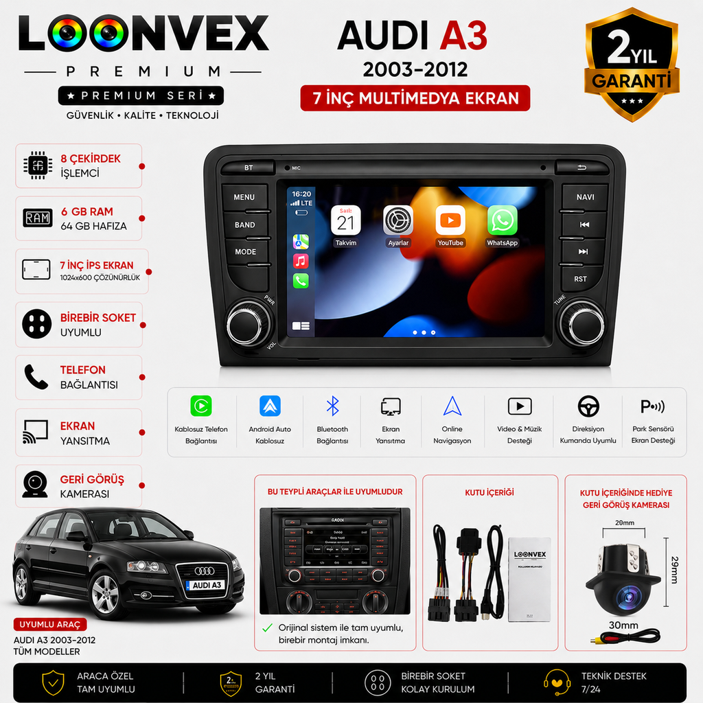 [LNV-MM-0001] Premium Audi A3 2003-2012 7 İnç 8 Çekirdek 6GB RAM 64GB Multimedya Ekran