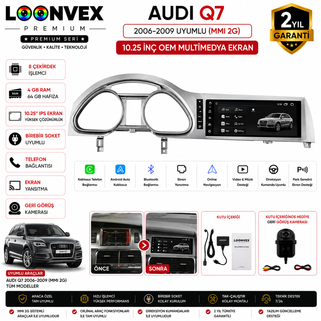 [LNV-MM-0009] PREMIUM Audi Q7 2010-2013 MMI 3G OEM Multimedya Ekran | 10.25 İnç | 8 Çekirdek | 4GB RAM | 64GB Hafıza