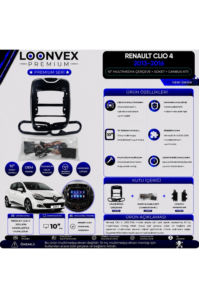 Premium Renault Clio 4 2013-2016 10 İnç Multimedya Çerçeve ve Montaj Kiti