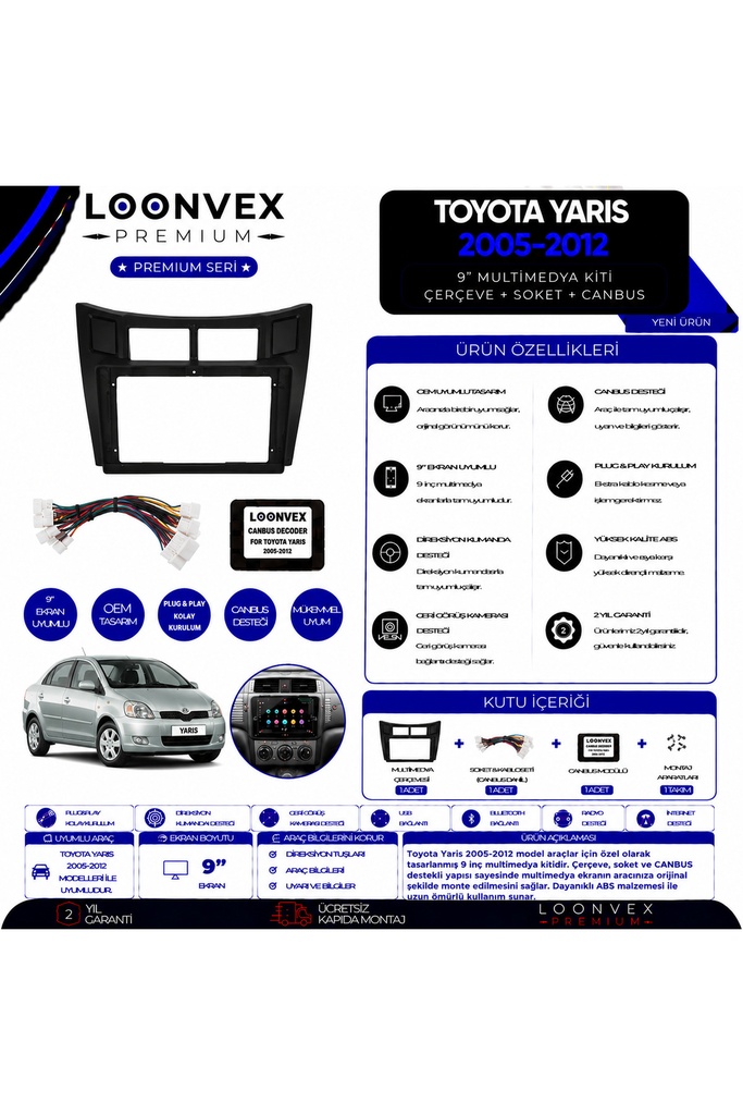 Premium Toyota Yaris 2005-2012 9 İnç Multimedya Çerçeve ve Montaj Kiti