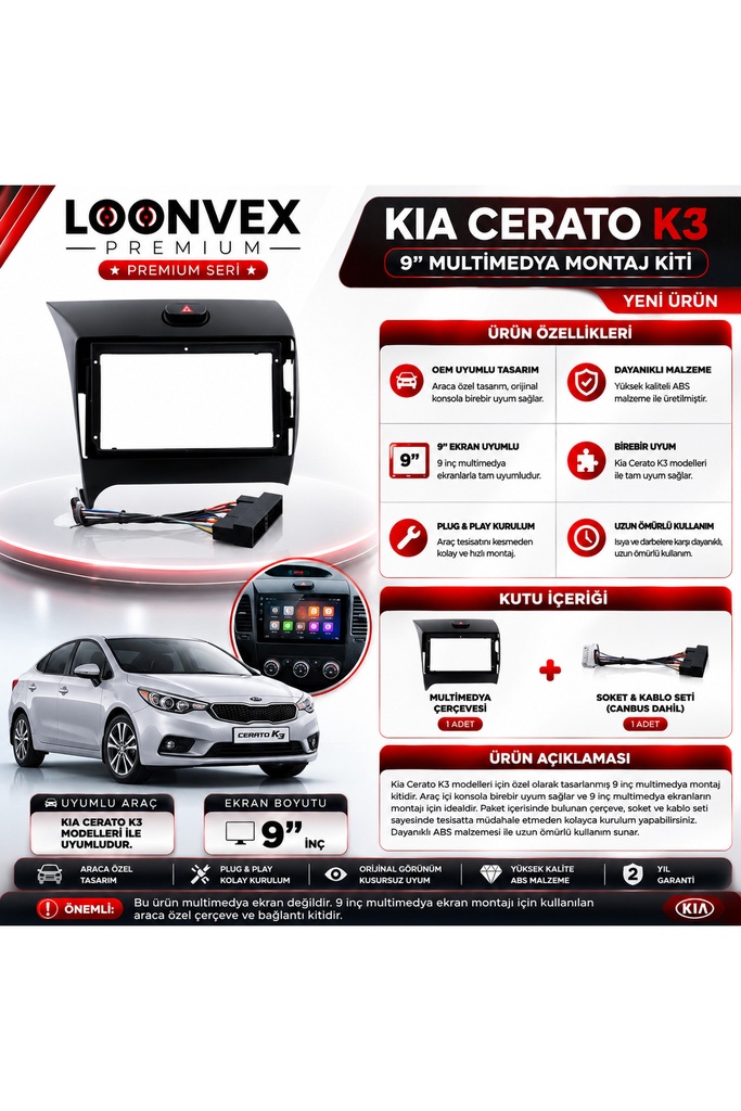 Premium KIA CERATO K3 9 İnç Multimedya Çerçeve ve Montaj Kiti