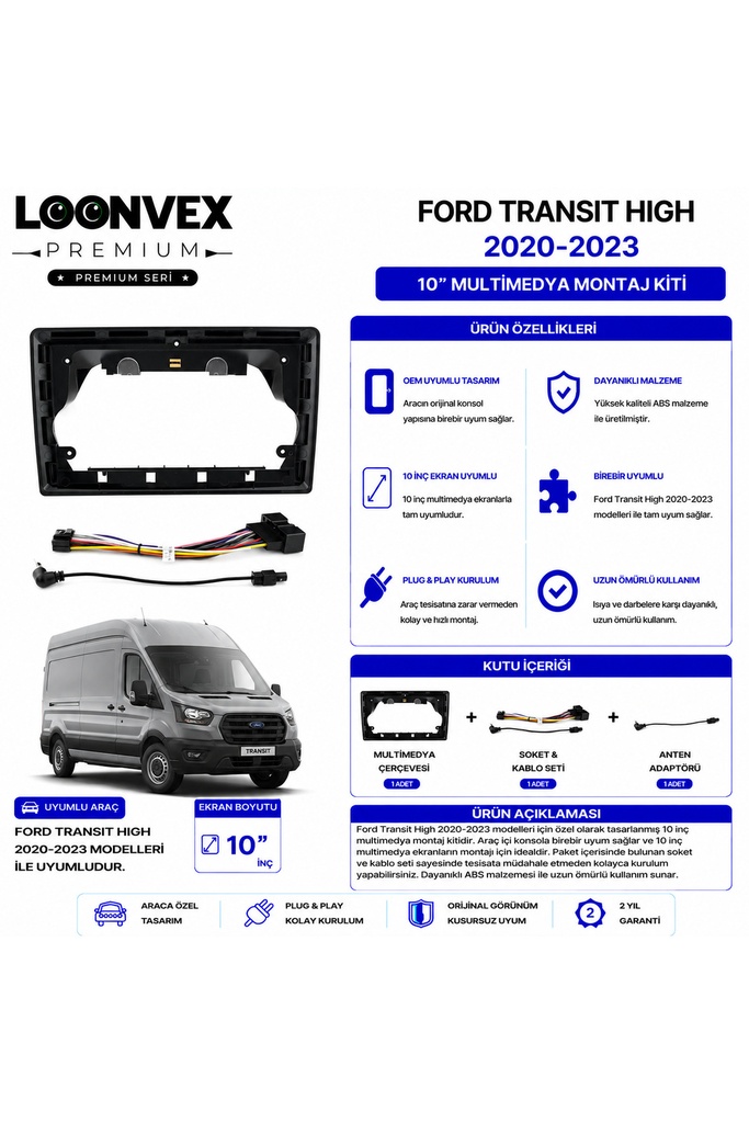Premium FORD TRANSIT HIGH 2020-2023 10 İnç Multimedya Çerçeve ve Montaj Kiti