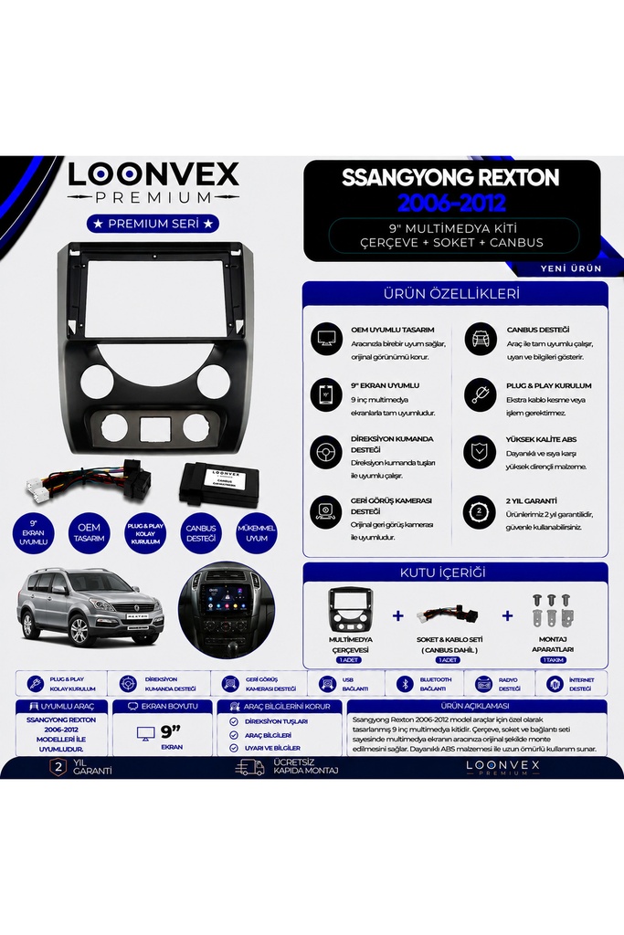 [LX5R4C] Premium SsangYong Rexton 2006-2012 9 İnç Multimedya Çerçeve ve Montaj Kiti