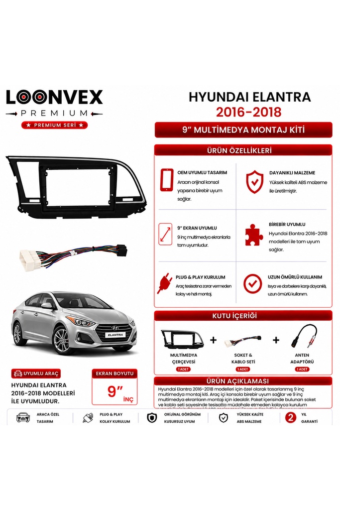[LX9JUF] Premium HYUNDAI ELANTRA 2016-2018 9 İnç Multimedya Çerçeve ve Montaj Kiti