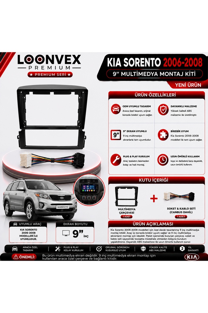 Premium KIA SORENTO 2006-2008 9 İnç Multimedya Çerçeve ve Montaj Kiti