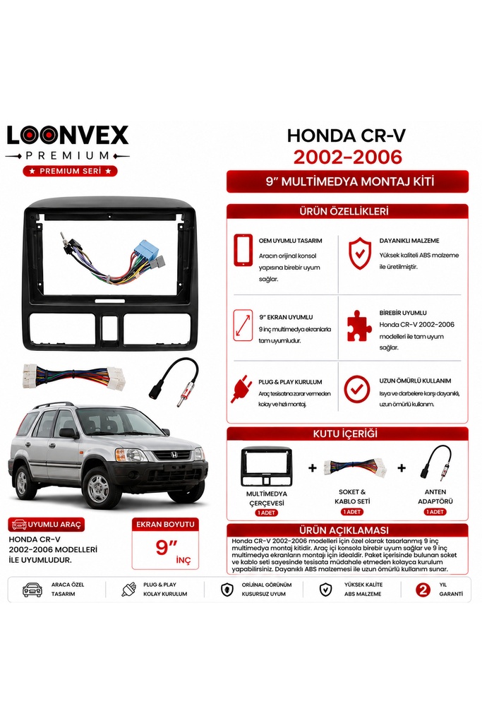 [LXV6LC] Premium HONDA CR-V 2002-2006 9 İnç Multimedya Çerçeve ve Montaj Kiti